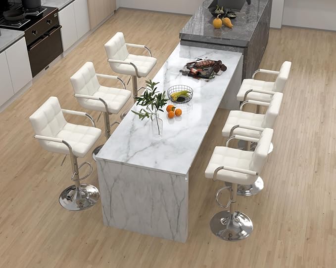 Modern PU Leather Bar Stools Set of 6, Adjustable Swivel Square Bar Chairs, Counter Height Barstools with Arms and Large Base for Island/Kitchen(White)