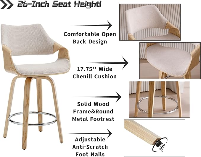 26’’ Modern Barrel Swivel Counter Stools Counter Height Swivel Bar Stools with Backs Set of 4, Beige Chenille Upholstered Bar Height Island Chairs, Farmhouse Solid Wood Barstools for Kitchen Island