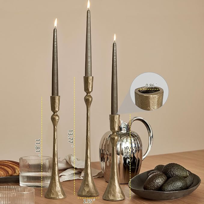 Vintage Cast Iron Taper Candle Holder - Set of 3 Decorative Candle Stand, Candlestick Holder for Wedding, Dinning, Party (Antique Brass)