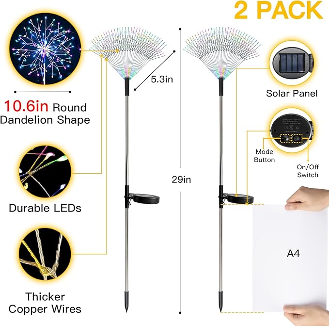 suddus Solar Garden Lights Outdoor Waterproof Decorative, 2Pack 150LED Firework Lights 8 Modes, Multicolor Solar Fairy Light for Yard, Patio, Pathway, Flowerbed Party Wedding Decor