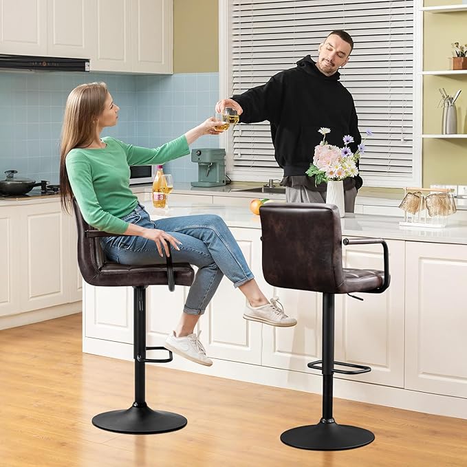 Furniliving Swivel Bar Stools Set of 4, Adjustable Kitchen Counter Height BarStools with Arms, PU Leather Upholstered Bar Chair with Back and Footrest for Dining Room, Kitchen, Pub, Bar (Blackbrown)