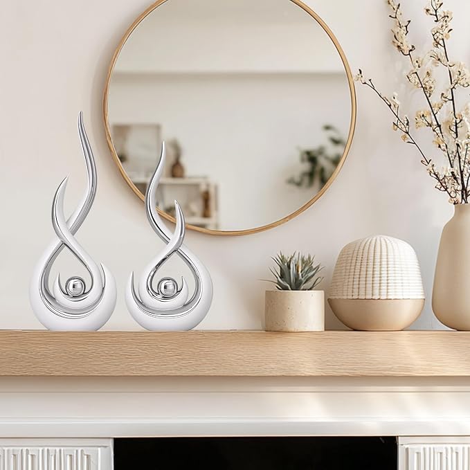 Modern Abstract Art Home Decor Accent,Contemporary Statues Coffee Table Decor for Living Room,Table Centerpieces for Dining Room,Ceramic Sculptures Knick Knacks for TV Stand Show Piece (White Silver)
