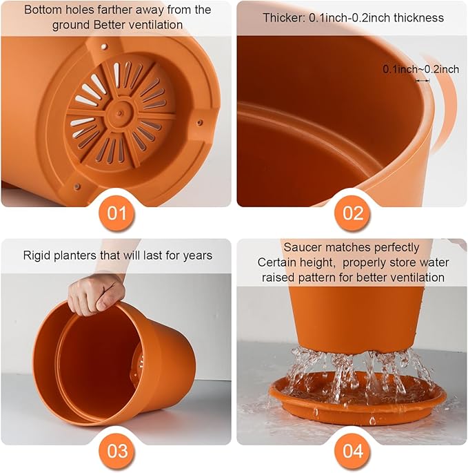 3-Pack 8/9/10 Inch Plastic Plant Pots with Saucers – Durable BPA-Free Planters with 21 Drainage Holes, Raised Bottom Breath and Bottom Watering Design for Indoor & Outdoor – Orange