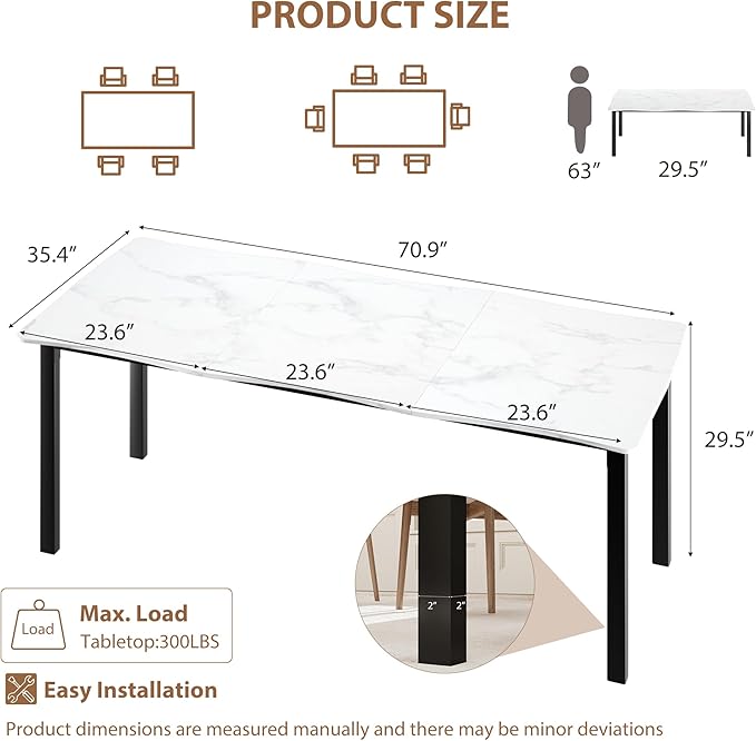 70.9”Dining Table with Wave Irregular Edge, 15mm Thick MDF Top & Metal Frame, for Kitchen, Quick Assembly, Wooden Kitchen Table for 6-8, Waterproof Scratch-Resistant, Marble