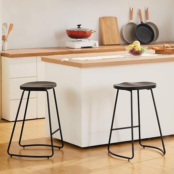 HeuGah Barstools Set of 2, 26" Counter Height Bar Stools with Metal Leg, Rustic Backless Bar Stools for Kitchen Island, Wood Bar Chairs with Saddle Seat (Black, 2 PCS 26Inch Counter Chair)