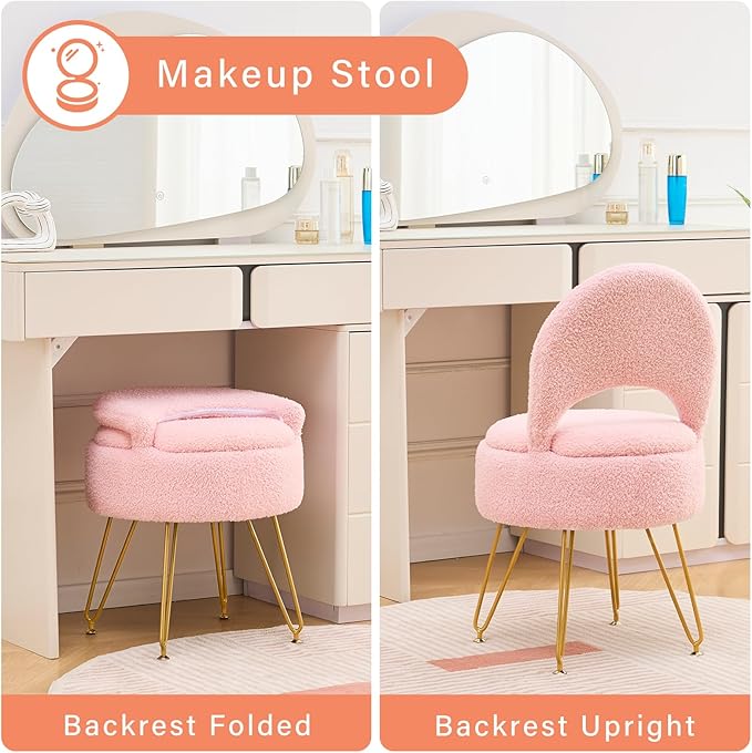Ottoman Teddy Velvet Vanity Stool Chair with Folding Back Multifunctional Upholstered Makeup Chair, 4 Metal Legs with Anti-Slip Feet for Bedroom Living Room Entryway(Pink,M)