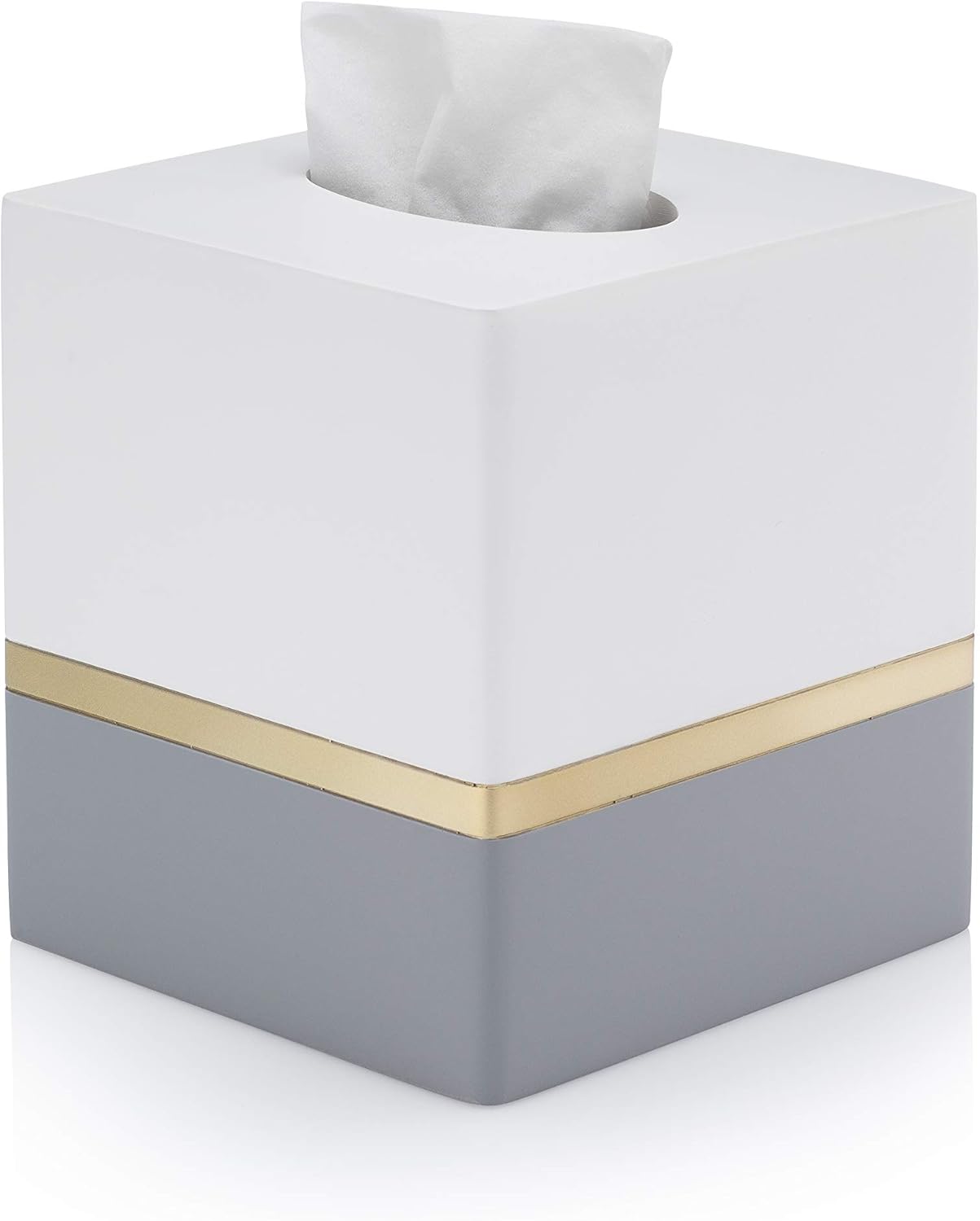 Essentra Home Day and Night Collection Square Tissue Box, White and Grey with Gold Stripe