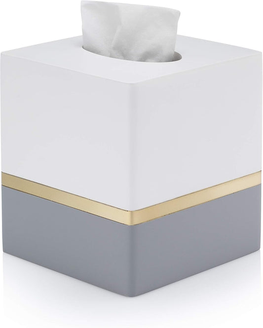Essentra Home Day and Night Collection Square Tissue Box, White and Grey with Gold Stripe