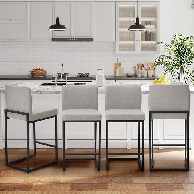Sophia & William Light Grey Bar Stools Set of 4, Modern PU Leather Counter Height Barstools with Back, 24" Kitchen Island Bar Chairs