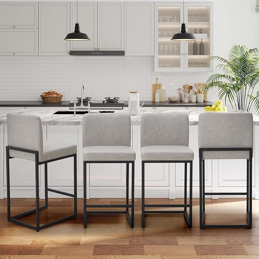 Sophia & William Light Grey Bar Stools Set of 4, Modern PU Leather Counter Height Barstools with Back, 24" Kitchen Island Bar Chairs