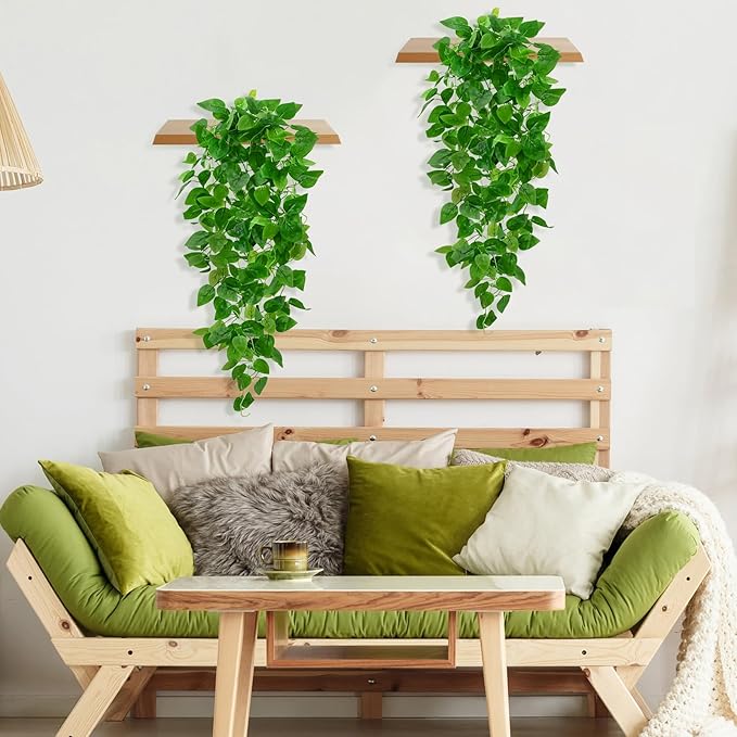 BLEUM CADE 1Pcs Fake Hanging Plants, 9 Branch Artificial Hanging Plant, Lush Faux Pothos Vines for Home Room Wall Shelf Porch Outdoor Indoor Decor (No Baskets)