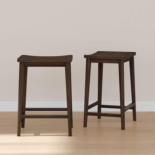 Plank+Beam Smythe Counter Stool, 24", Set of 2, Sturdy Wood Modern Kitchen Counter Height Stool, Saddle Seat Backless Counter Chair, Metal Footrest, Walnut