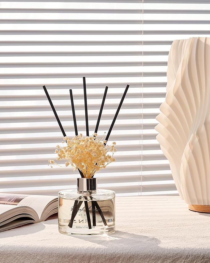 M&SENSE Reed Diffuser Set with 7 Sticks | 7.0oz Fresh Linen & Lemon Scent, Home Fragrance Flame Free Diffuser for Housewarming Gifts, Long Lasting Room Fresheners Shelf Décor with Flower