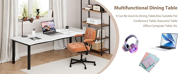 70.9”Dining Table with Wave Irregular Edge, 15mm Thick MDF Top & Metal Frame, for Kitchen, Quick Assembly, Wooden Kitchen Table for 6-8, Waterproof Scratch-Resistant, Marble