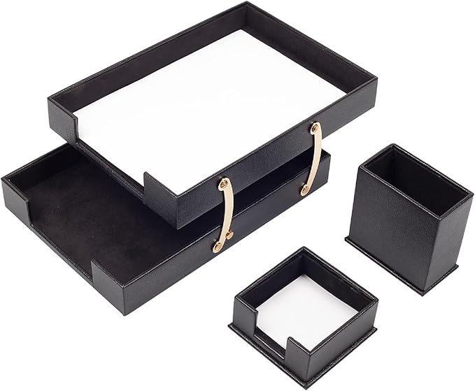 MOOGCO Bonded Set Luxury Leather Desk Pad & Desk Organization Essentials Desk Organizer Leather Desk Organizer (Black)