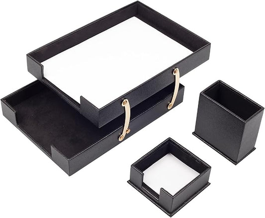 MOOGCO Bonded Set Luxury Leather Desk Pad & Desk Organization Essentials Desk Organizer Leather Desk Organizer (Black)