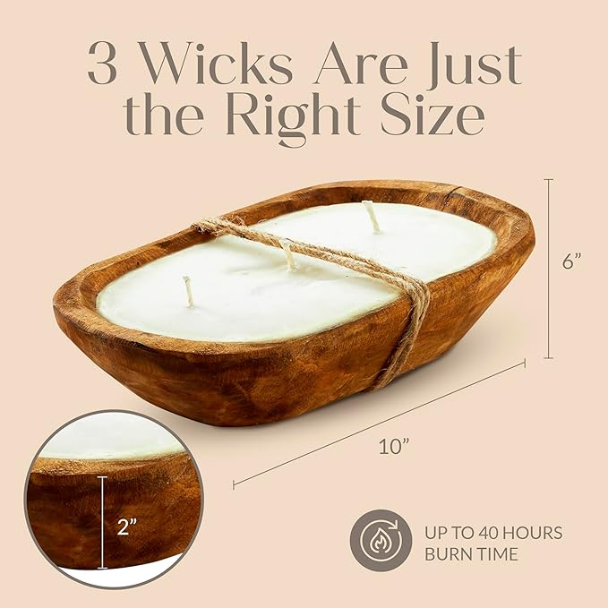 Dough Bowl Candle Co. Gardenia Tuberose Soy Candle - 3 Wick Rustic Farmhouse Coffee Table Decor, Odor Eliminator in Wooden Bowls, 20 Ounce Wooden Dough Bowl Candle, All-Natural Gifts for Women or Men