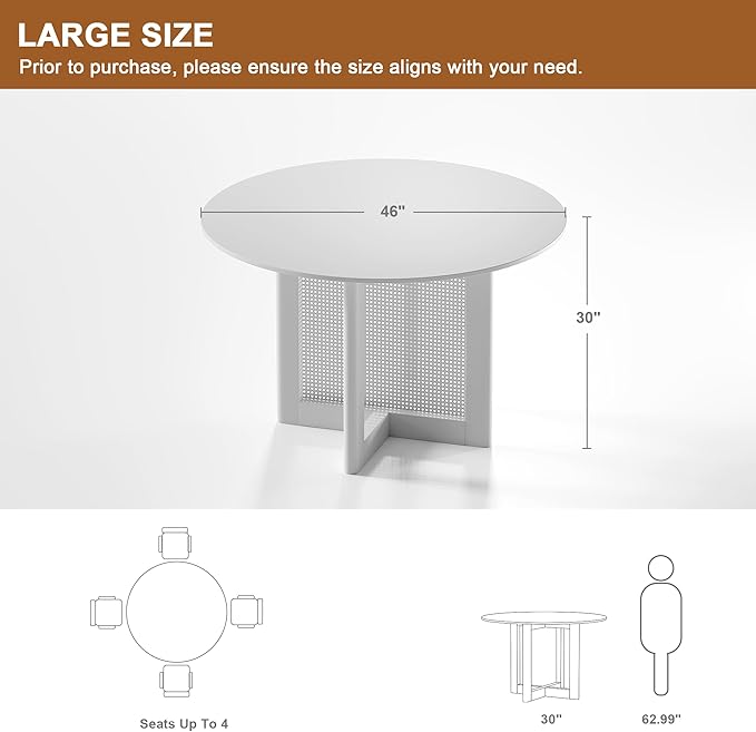 Casaphoria 46" Dining Table for 4, Wood Kitchen Table with Scratch-Resistant Top & Rattan Base, Modern Farmhouse Round Small Table for Living Room, Kitchen, Easy Assembly, Black (Chairs not Included)