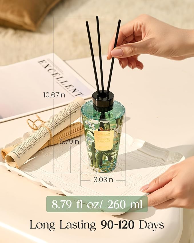 M&SENSE Jasmine Reed Diffuser with Sticks - 8.79fl oz Home Fragrance Non-Toxic Essential Oil Diffuser with Sticks, Air Freshner Gifts for Bedroom Bathroom Office