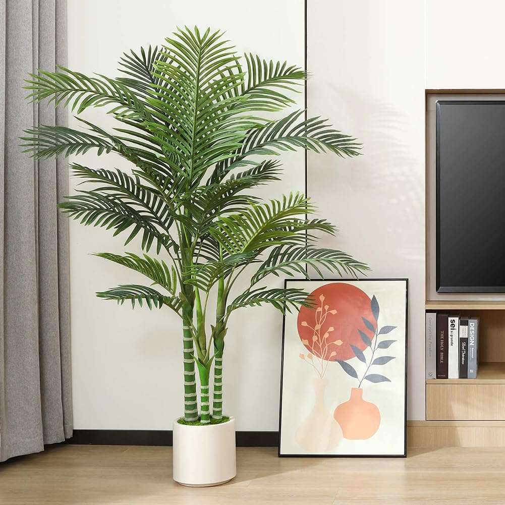 5FT Faux Golden Cane Palm Tree with White Planter and Fake Moss, Fake Tropical Plant for Home Decor Office Porch
