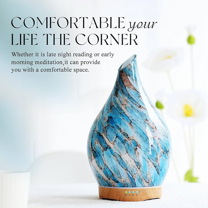 Porseme 280ml Glass Essential Oil Diffuser Aromatherapy Ultrasonic Cool Mist Humidifier 7 Running Hours Waterless Auto-Off Air Diffusers for Sleeping, Yoga, Office Working, Spa and Rest (Light Blue)