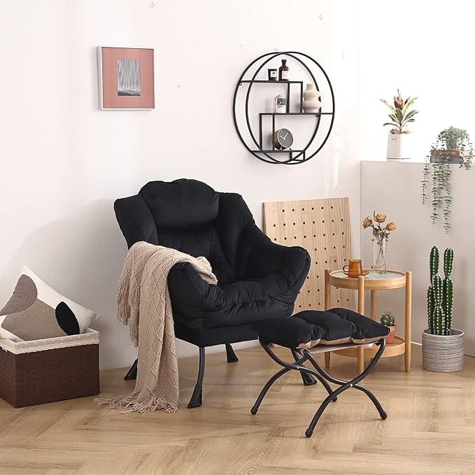 Welnow Lazy Chair with Ottoman, Modern Lounge Accent Chair with Armrests and a Side Pocket, Leisure Sofa Armchair, Reading Armchair with Footrest for Small Space, Black