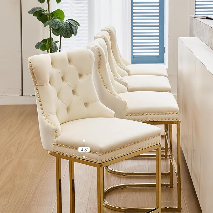 UVV Counter Height Bar Stools Set of 2, 26" Modern Barstools with Back, Velvet Upholstery Counter Chairs with Metal Legs for Kitchen Island, Bar, Counter, Beige