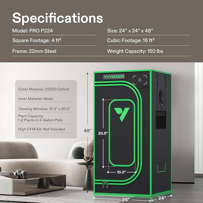 VIVOSUN P224 24"×24"×48" PRO Grow Tent, with Thick 1 inch Poles, Strengthened High Reflective Mylar Oxford Fabric & Extra Hanging Bars for Hydroponics Indoor Plant for AeroLight A100, No High CFM Kit