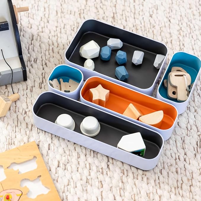 Three by Three Seattle 5 Piece Metal Organizer Tray Set for Storing Makeup, Stationery, Utensils, and More in Office Desk, Kitchen and Bathroom Drawers (2 Inch, Multicolor)