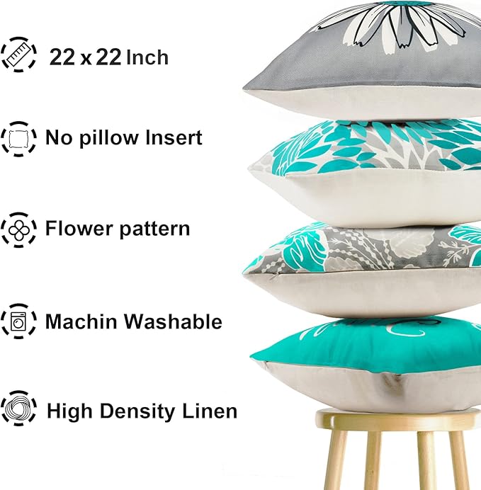 Decorative Throw Pillow Covers Set of 4 Teal Pillow Covers 22x22 inch Throw Pillow Cases Linen Square Pillow Case,Farmhouse Outdoor Modern Boho Pillow Covers for Couch Sofa Living Room