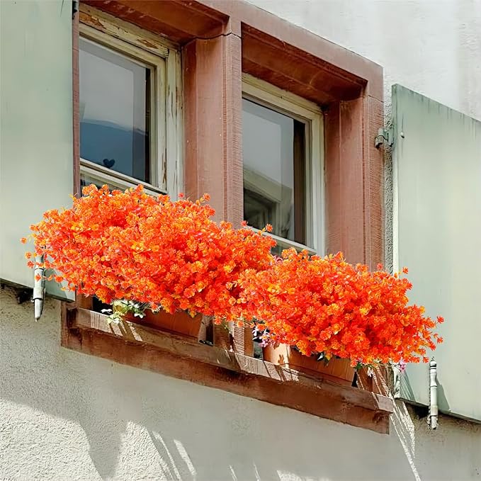 SITUMEIZI Artificial Mums for Outdoor Fall Flowers,Faux Flower Eucalyptus Leaves Fake Plants Greenery Outside Plastic Proch Patio Front Fall Halloween Thanksgiving Decorations(8Pcs,Orange)