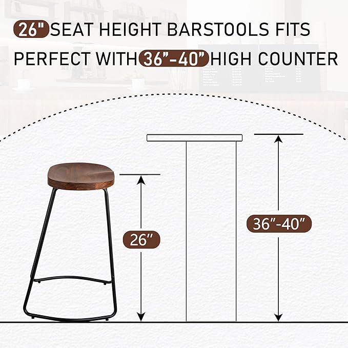 HeuGah Bar Stools Set of 3, Solid Wood Counter Height Bar Stools 26 Inch Barstool Chair for Kitchen Island Rustic Saddle Seat Backless Stools with Metal Leg (Walnut, 3 PCS 26Inch Counter Chair)