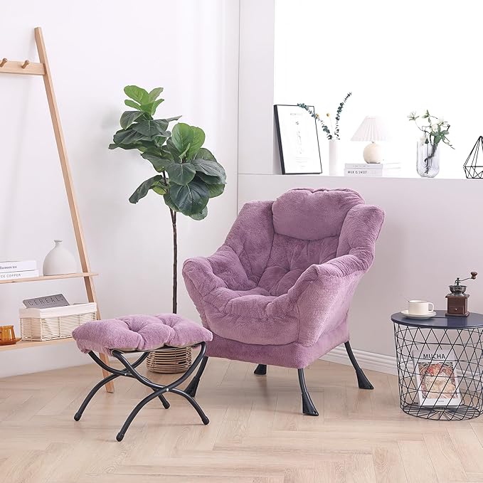 LITA Lazy Chair with Ottoman, Modern Accent Leisure Upholstered Sofa Chair, Lounge Reading Chair with Armrests and a Side Pocket for Living Room, Bedroom & Small Space