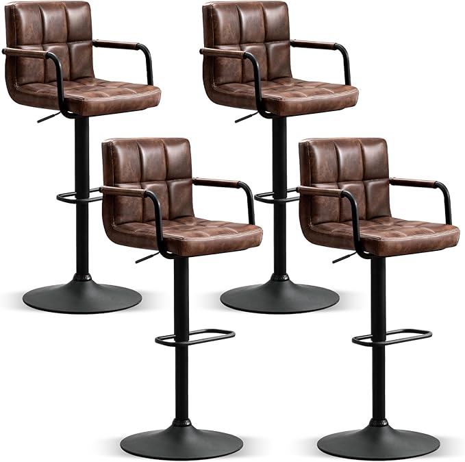 Furniliving Swivel Bar Stools Set of 4, Adjustable Kitchen Counter Height BarStools with Arms, PU Leather Upholstered Bar Chair with Back and Footrest for Dining Room, Kitchen, Pub, Bar (Darkbrown)