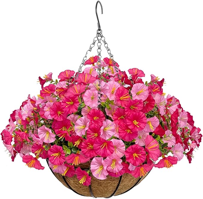 Artificial Hanging Faux Flowers Basket, Fake Silk Petunias Plants Arrangement,for Spring Summer Outdoor Decoration,UV Resistant, Morning Glorias,for Home Garden Decor (Dark&Light Pink)