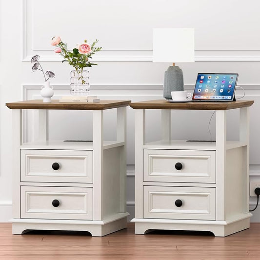 18" Wide End Table with Fast Charging Station Set of 2, 18” Wide Sofa End Table with Drawers,Storage Rustic Wood Storage Cabinet,Sofa Table for Living Room,White