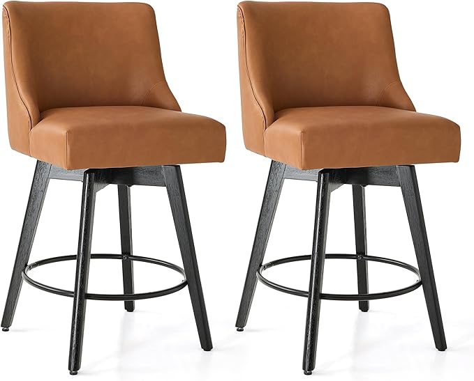 Vipbear Counter Height Bar Stools Set of 2, 26" H Swivel Bar Stools with Backs, PU Leather Upholstered Bar Chairs with Solid Wood Legs for Kitchen Island, Dining Room, Home Bar, Brown