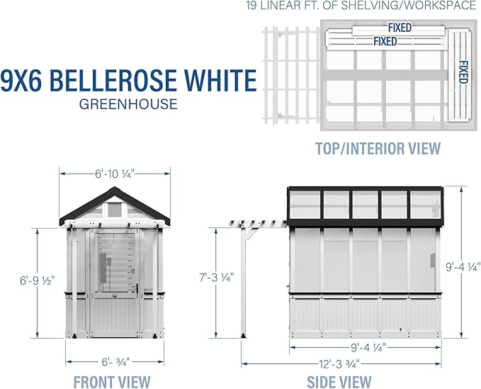 Backyard Discovery Bellerose 9' x 6' White Cedar Wood and Polycarbonate Walk-in Greenhouse Kit with Pergola, Exhaust Fan, Window, Hose Hook-Ups, PowerPort, Staging Shelves for Outdoor Gardening