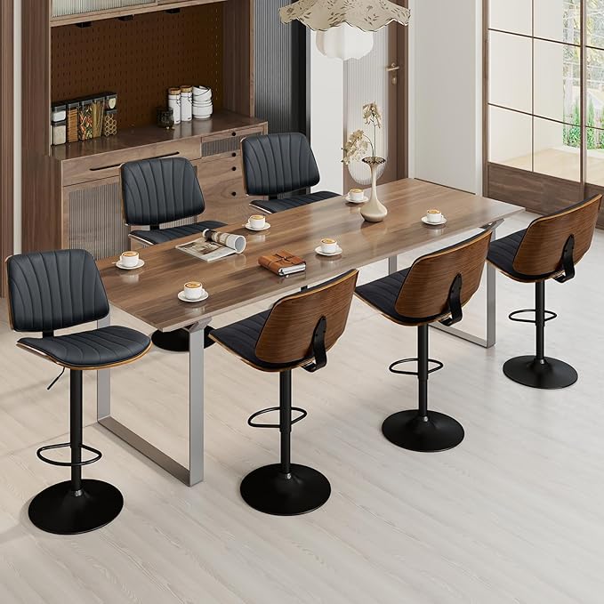 ECOTOUGE Bar Stools Set of 6, Adjustable Bentwood Barstools, Modern Swivel Bar Height Chairs with Back and Footrest for Kitchen Island, Counter, Dining Room(Black)