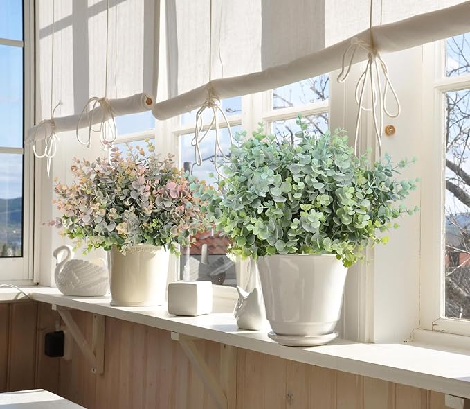 RECUTMS 8 Bundles Artificial Greenery Plants Stems Outdoor Fake Eucalyptus Plants Boxwood Bushes for Farmhouse Bathroom Office Vase Centerpiece Indoor Outdoor Decoration(Dusty Blue)