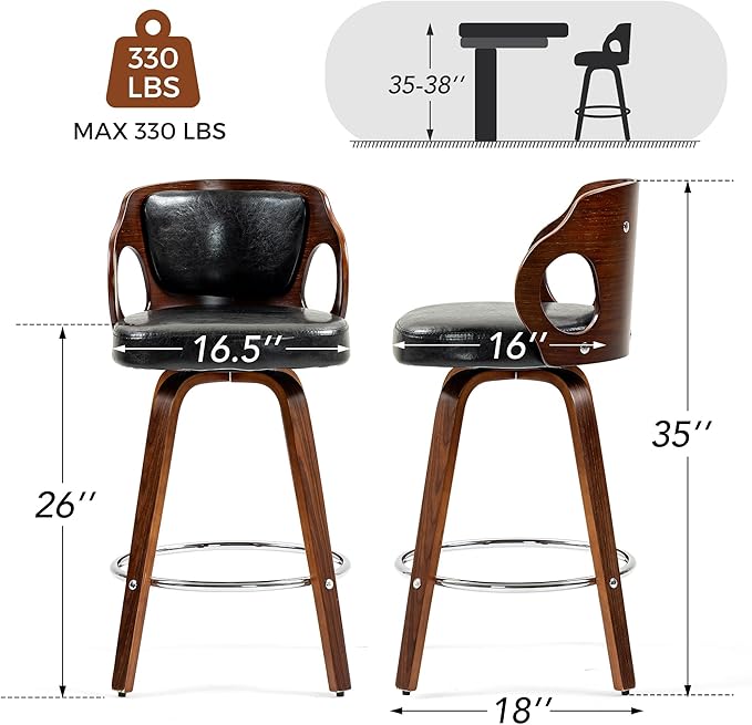ECOTOUGE Swivel Bar Stools Set of 2, Walnut Faux Leather Counter Height Barstools with Bentwood Back and Footrest, for Dining Room, Kitchen Island and Pub, Black