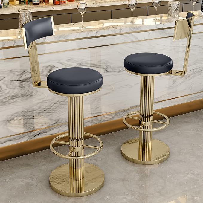 FUNROLUX Swivel Bar Stools with Backrest, Modern Adjustable Height Counter Stool with Metal Legs and Comfortable Cushion, Black and Gold Bar Chair for Kitchen Island Counter (Black)