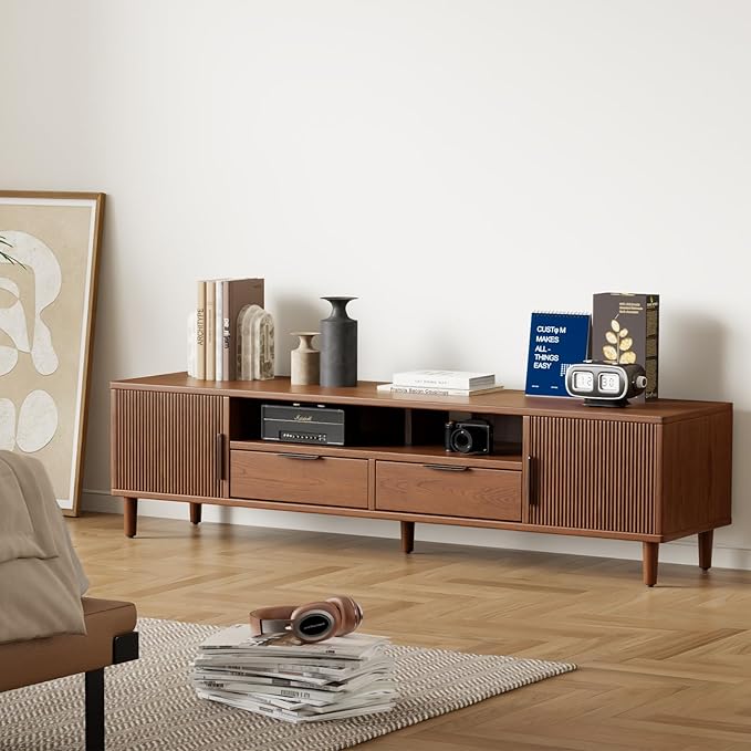 Mid Century Modern TV Stand for TVs Up to 65 in- Wooden Fluted Entertainment Center Low Profile TV Console with Cabinet, Drawers and Shelf, Media Console for Living Room