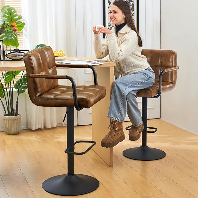 Furniliving Swivel Bar Stools Set of 4, Adjustable Kitchen Counter Height BarStools with Arms, PU Leather Upholstered Bar Chair with Back and Footrest for Dining Room, Kitchen, Pub, Bar (Yellowbrown)