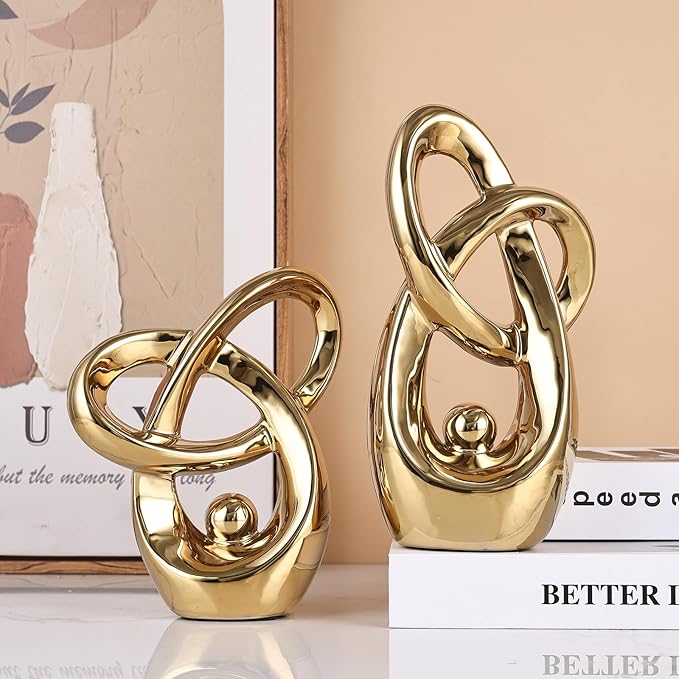 Gold Modern Abstract Art Home Decor Accent,Statues Coffee Table Decor for Living Room,Table Centerpieces for Dining Room,Ceramic Sculptures and Gold Knick Knacks for TV Stand Decor