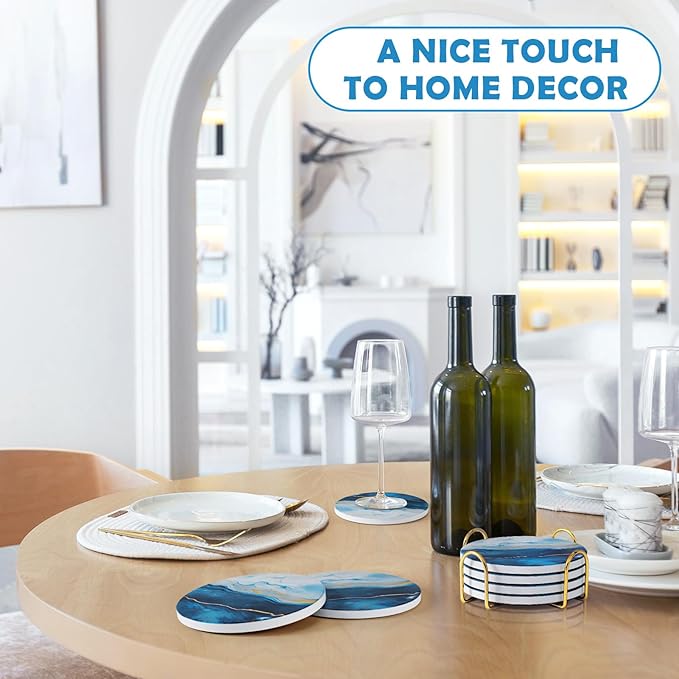 GOH DODD Coasters for Drinks Set of 4, Absorbent Marble Style Ceramic Coaster Set Tabletop Protection Home Decor with Metal Golden Holder for Coffee Table, Father‘s Day Gifts, Blue, Round, 4 Inches