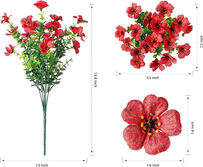 Artificial Fake Mums Plants Flowers for Outdoor Outside Fall Autumn, 12 Bundles Faux Silk Red Daisy UV Sun Resistant Look Real for Porch Patio Home Window Box Yard Planter