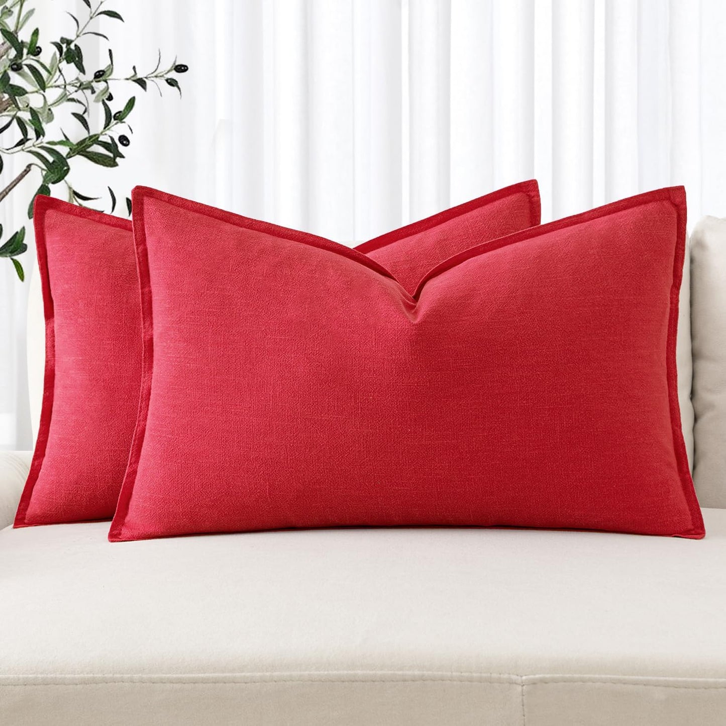 MIULEE Decorative Linen Lumbar Pillow Covers 12x20 Inch Red Boho Farmhouse Neutral Couch Throw Pillows for Bed Pack of 2 Accent Modern Pillowcase Sofa Livingroom Home Decor