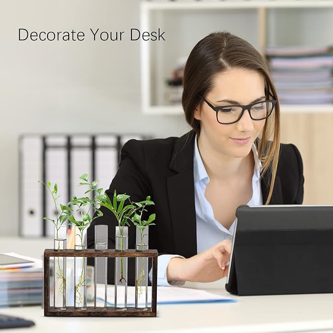 XXXFLOWER Plant Terrarium Wooden Stand with 5 Test Tubes,Glass Planters for Indoor Plants,Plant Lover Gifts for Women Garden Office Decoration