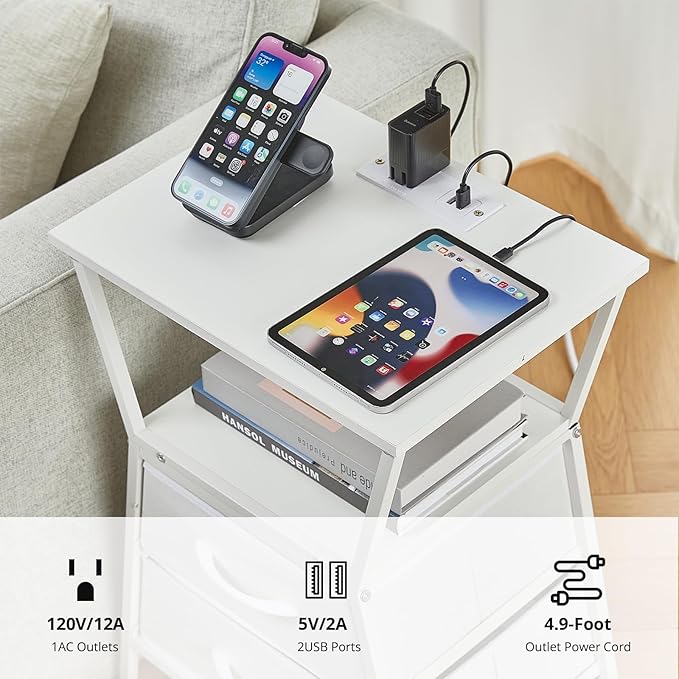 Nightstand with Charging Station, Side Tables for Bedroom with Built-in USB Side Table with 2 USB Ports and Outlets Nightstand with Cloth Drawer End Tables Living Room Sofa Couch